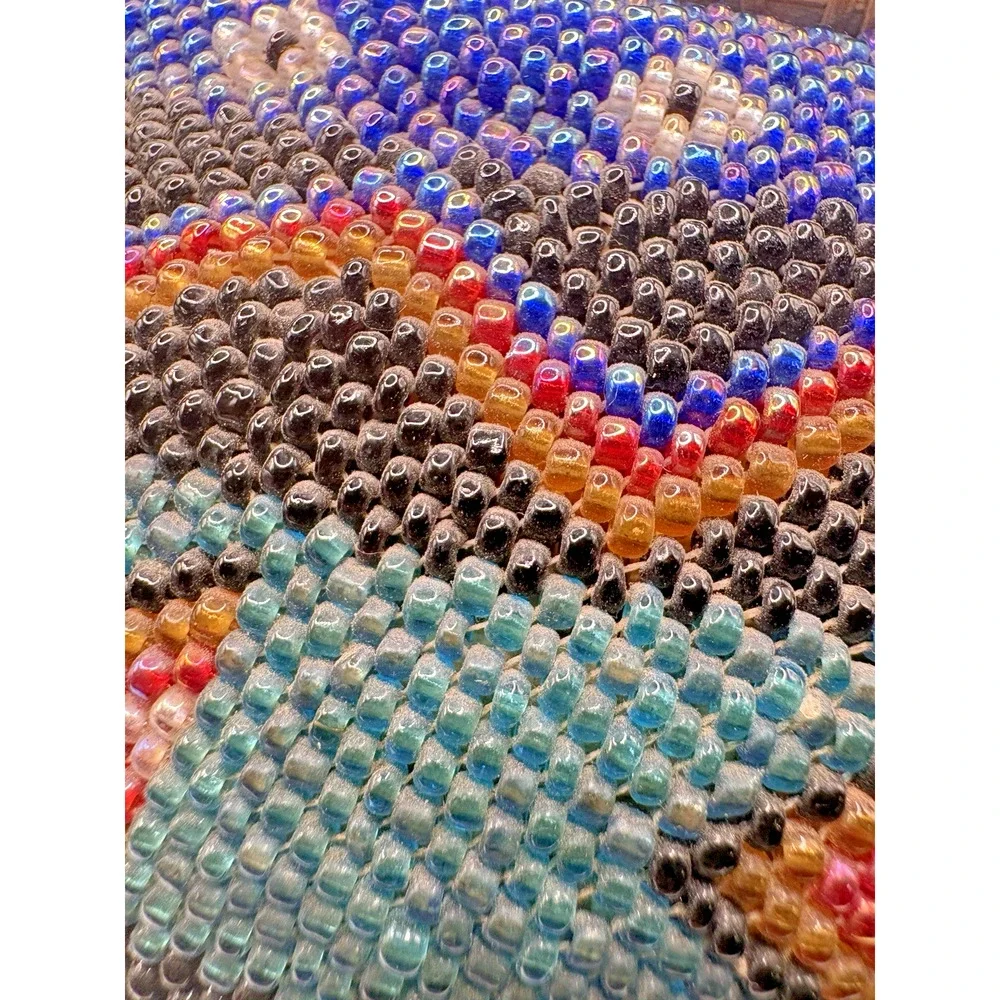 Indonesian Hand Beaded Woven Folk Art Blue Green Geometric Design Basket Lid 7